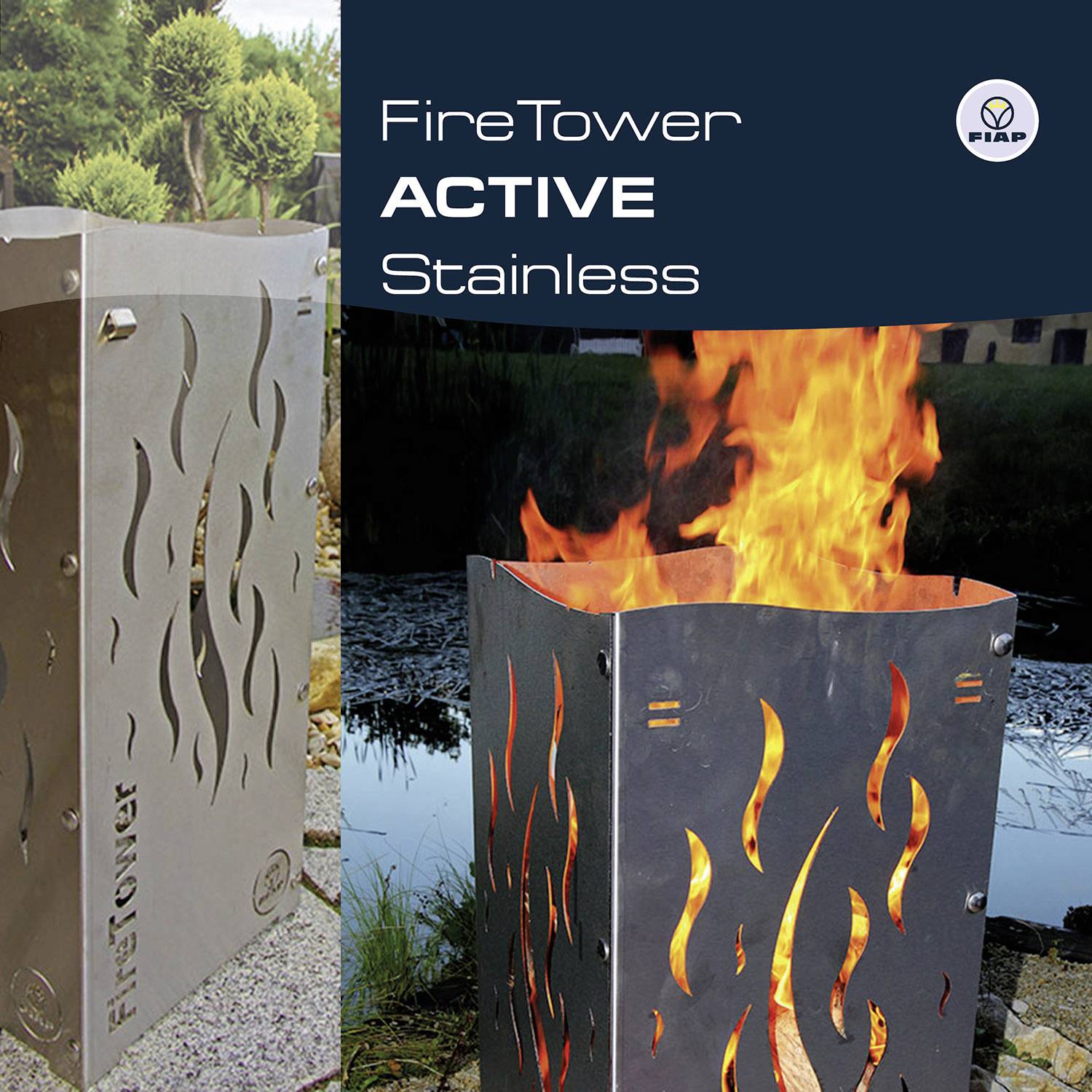 Nerezový požární věž s výřezy pro plameny jasně hoří. Vlevo je věž vystavena, vpravo zapálena. Text: 'FireTower ACTIVE Nerez'.