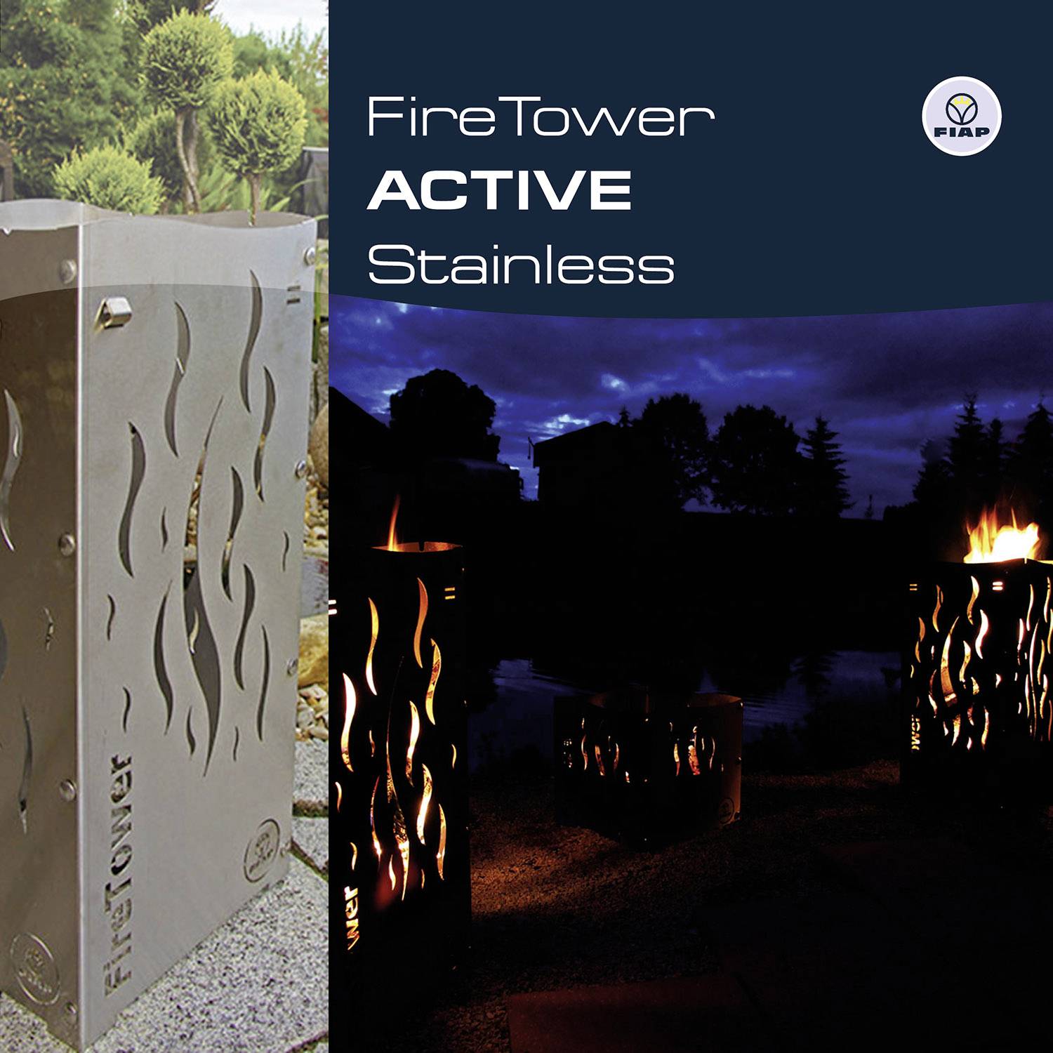 Nerezový venkovní požární věž, vlevo osvětlený jasným světlem, vpravo v noci, s motivem plamene a nápisem 'FireTower Active Stainless'.