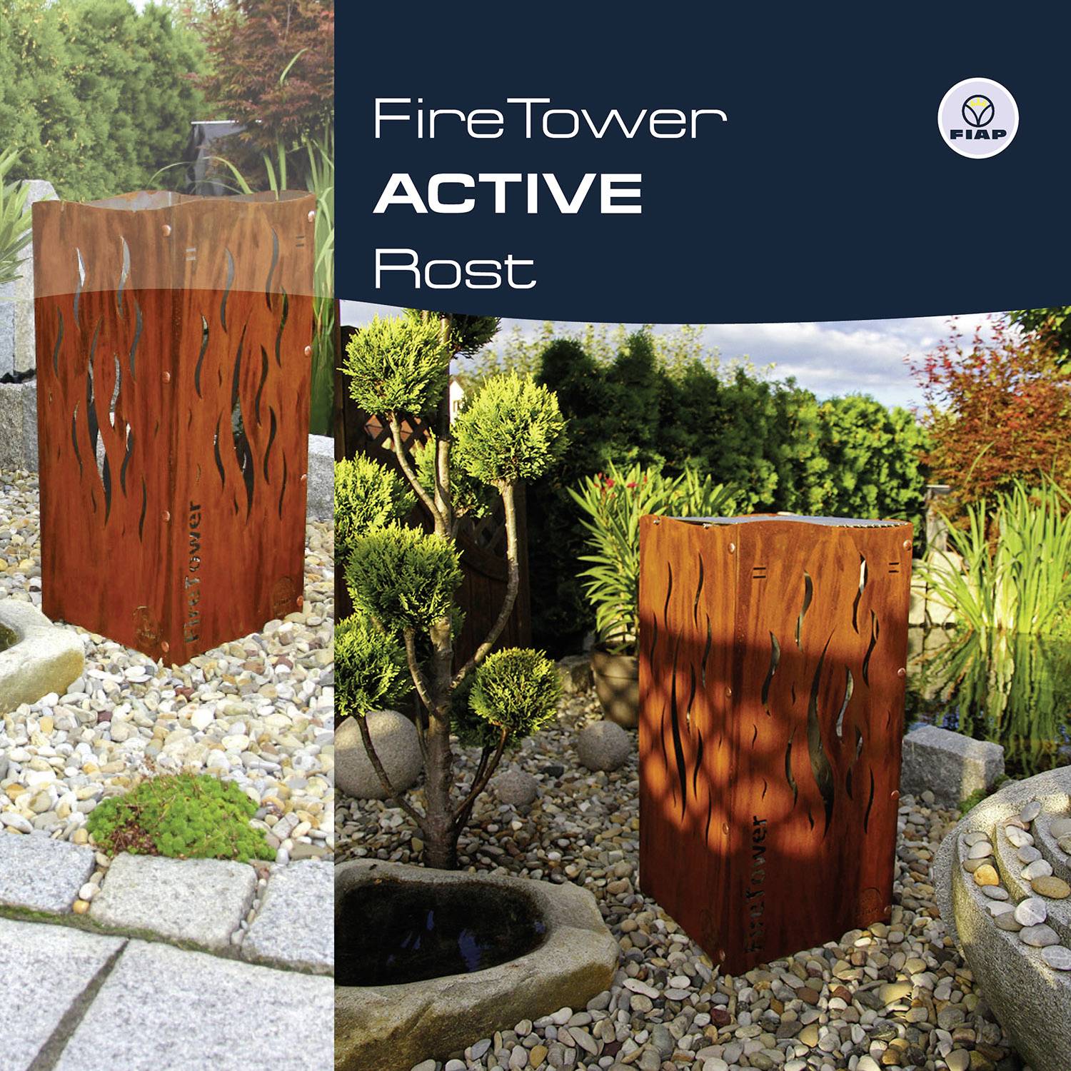 Ocelová věž s ohněm z rezavějícího kovu stojí na štěrkovém povrchu v zahradě, obklopená rostlinami. Text: 'FireTower ACTIVE Rez'. Logo FIAP nahoře vpravo.