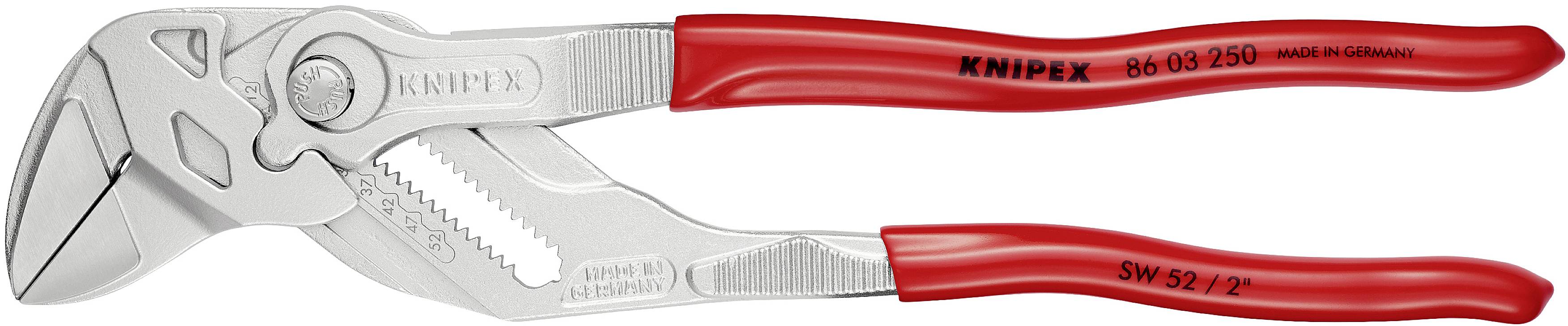 Červené klešťové kleště značky Knipex s nastavitelnou čelistí a ergonomickou rukojetí. Vhodné pro všestranné šroubovací práce.