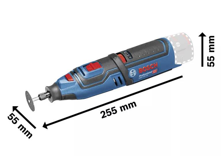 Modrý akumulátorový multifunkční nástroj od Bosche s červeno-černými detaily a brusným kotoučem. Rozměry: 255 mm délka, 55 mm výška.