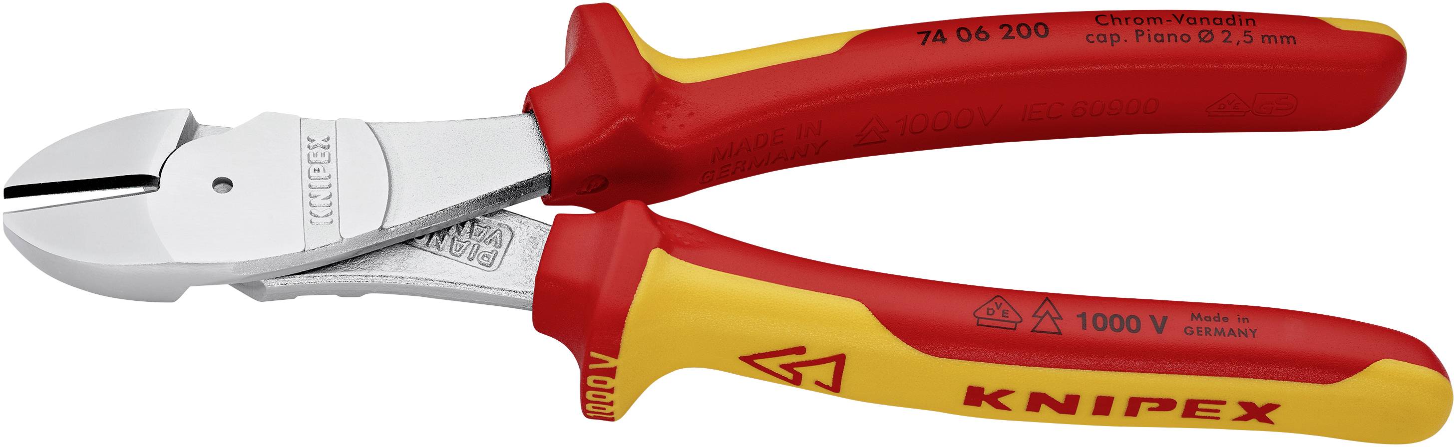 Štípací kleště Knipex, červeno-žlutý design, vhodné pro práce až do 1000 V, trvanlivé a ergonomické.