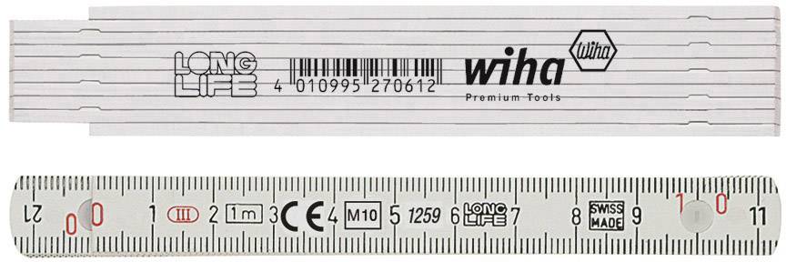 Skládací metr značky Wiha, 2 metry, s vyznačenými centimetry a milimetry. Obsahuje označení 'LONG LIFE' a 'SWISS MADE'.