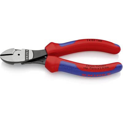 Červené a modré boční štípací kleště značky Knipex s nápisem "Chrom-Vanad cap. Piano 2,0 mm" na rukojeti.