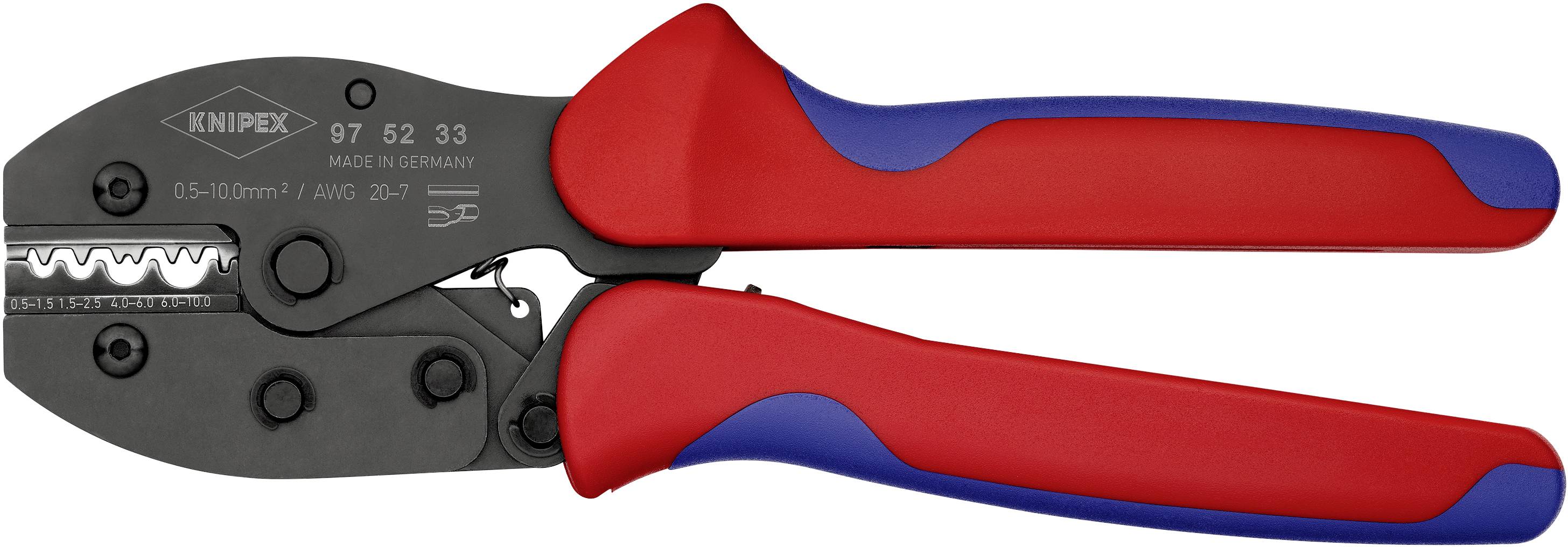 Červené a modré krimpovací kleště značky Knipex, používané k profesionálnímu lisování drátů a spojovacích prvků.