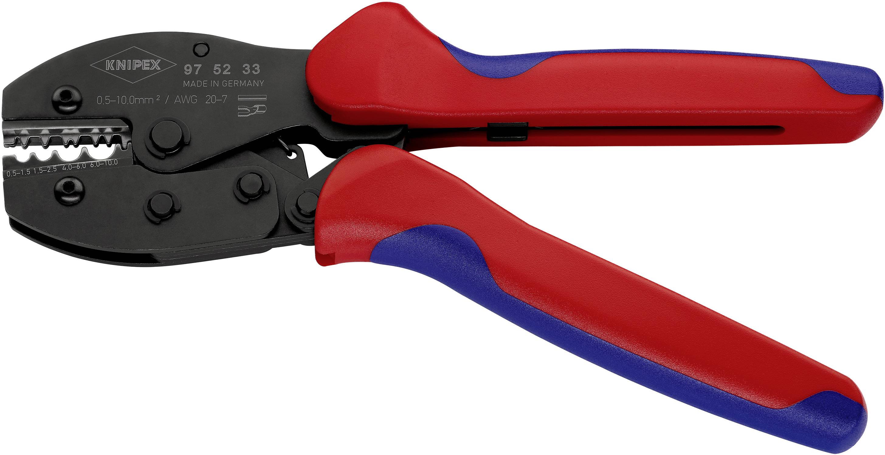 Lisovací kleště s červenými a modrými rukojeťmi, vhodné pro připojování kabelů.