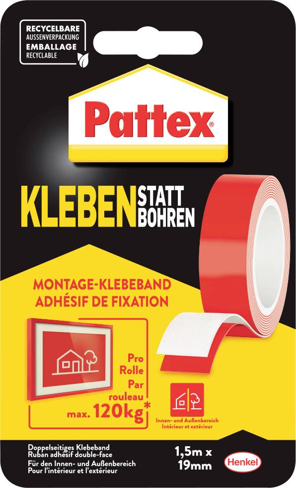 Obalový design lepicí pásky 'Pattex' prezentuje červenou rolku pásky a zdůrazňuje přídržnou sílu 120 kg, která je vhodná pro montážní a upevňovací práce.