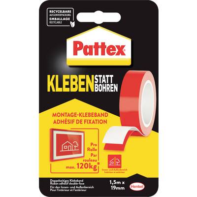 Obalový design lepicí pásky 'Pattex' prezentuje červenou rolku pásky a zdůrazňuje přídržnou sílu 120 kg, která je vhodná pro montážní a upevňovací práce.