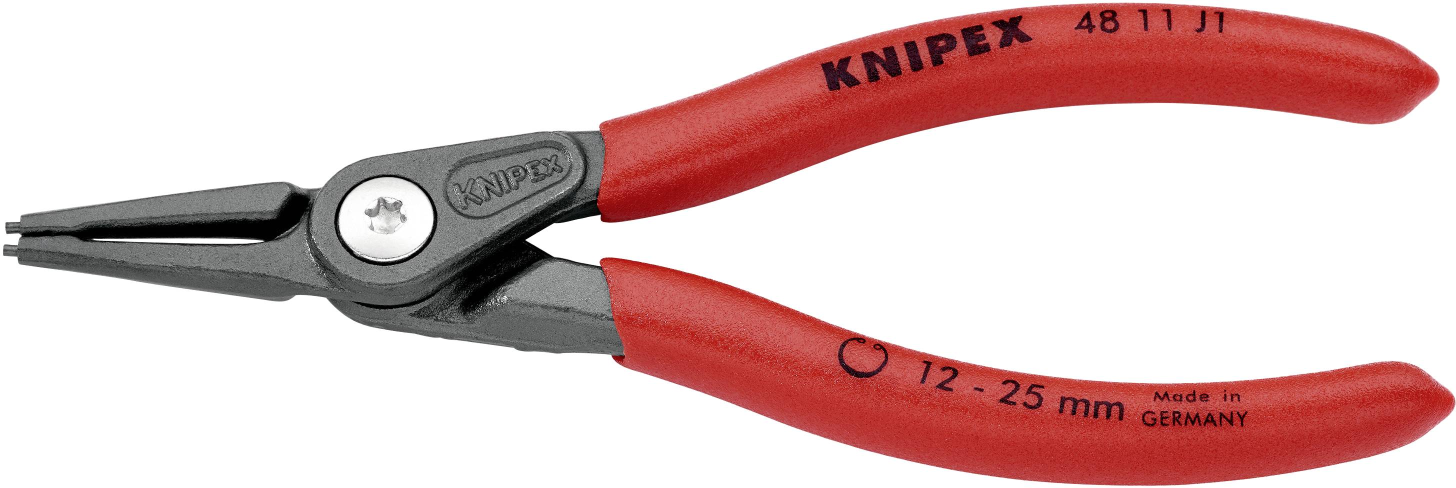 Červené kleště Knipex na pojistné kroužky z kovu. Vhodné pro vnitřní kroužky o průměru 12-25 mm. Na rukojeti je vytištěno „Made in Germany".