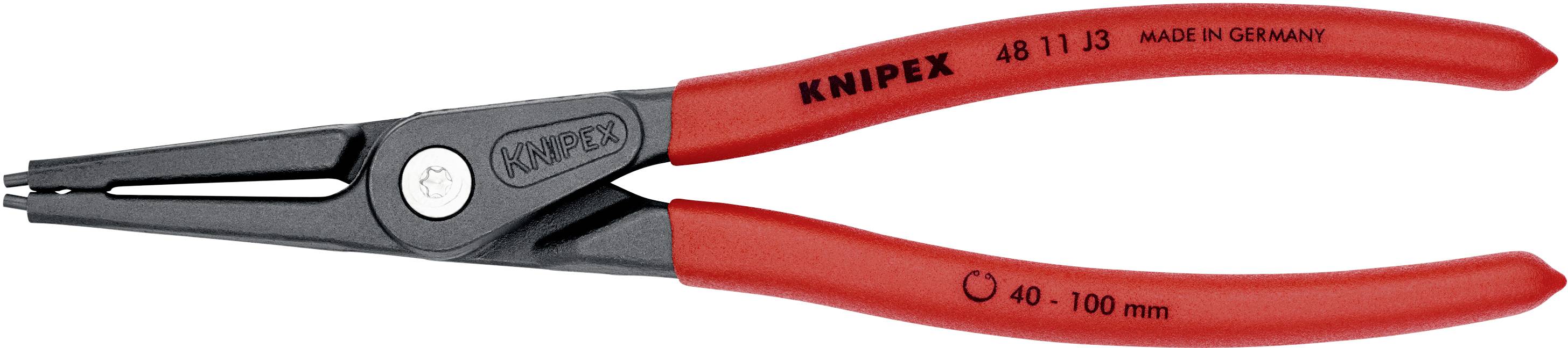 Kleště na pojistné kroužky KNIPEX s červenými rukojeťmi a černou hlavou kleští, vhodné pro kroužky o průměru 40 až 100 mm. Vyrobeno v Německu.