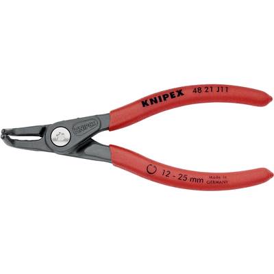 Červené KNIPEX kleště s ohnutou rukojetí, vhodné pro pojistné kroužky o průměru 12-25 mm.