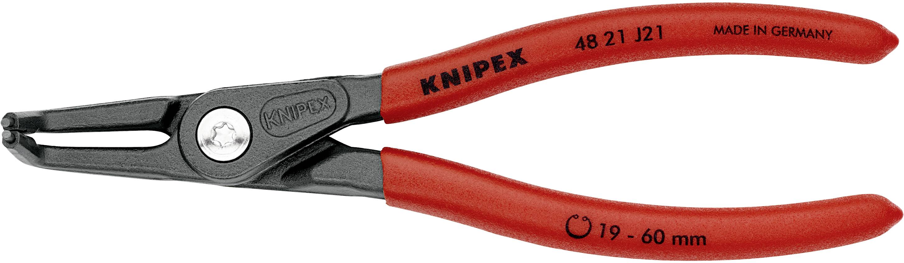 Červené kleště Knipex, model 48 21 J21, vyrobené v Německu, pro pojistné kroužky o velikosti 19-60 mm.