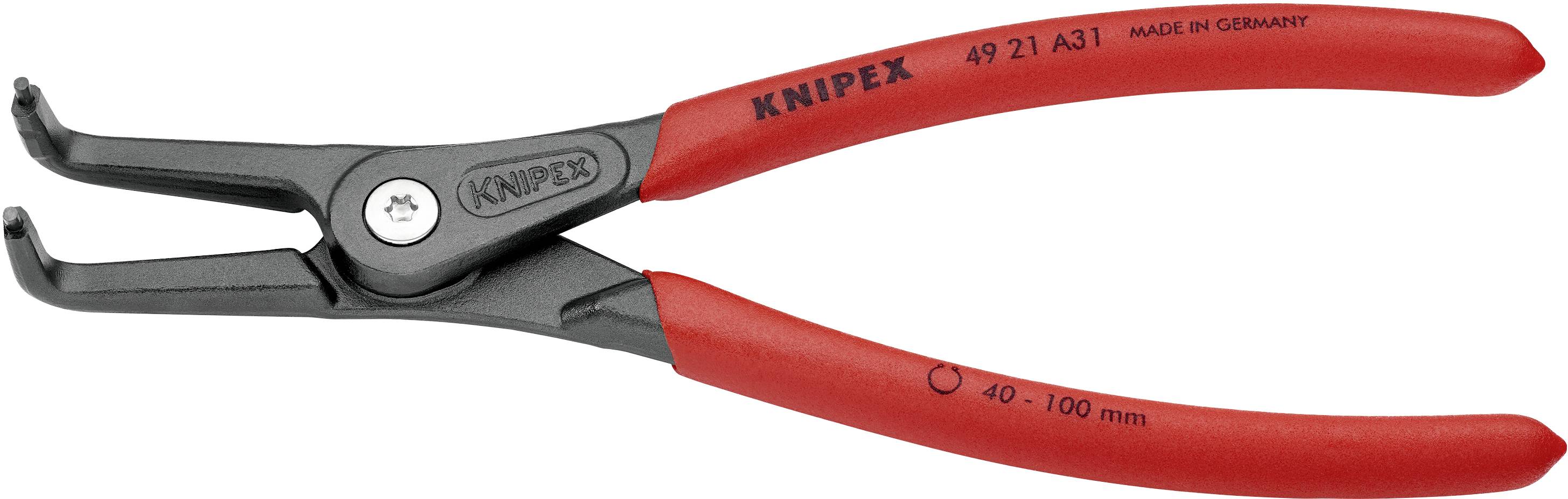 Červené kleště na pojistné kroužky značky Knipex, model 49 21 A31, pro vnitřní pojistné kroužky, vhodné pro průměry od 40 do 100 mm.