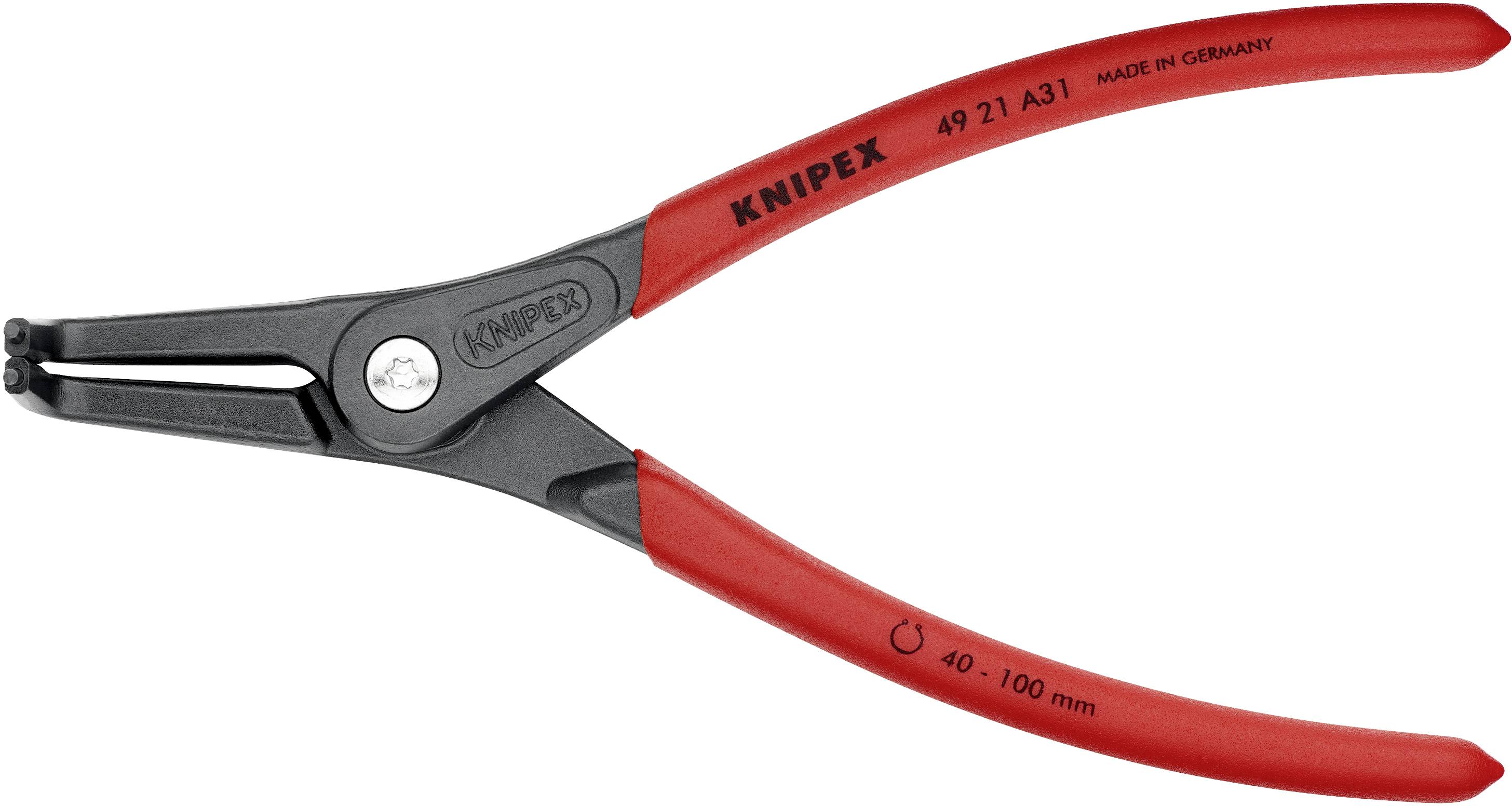 Červené a černé kleště Knipex, model 49 21 A31, o délce 40 až 100 mm, vyrobené v Německu.