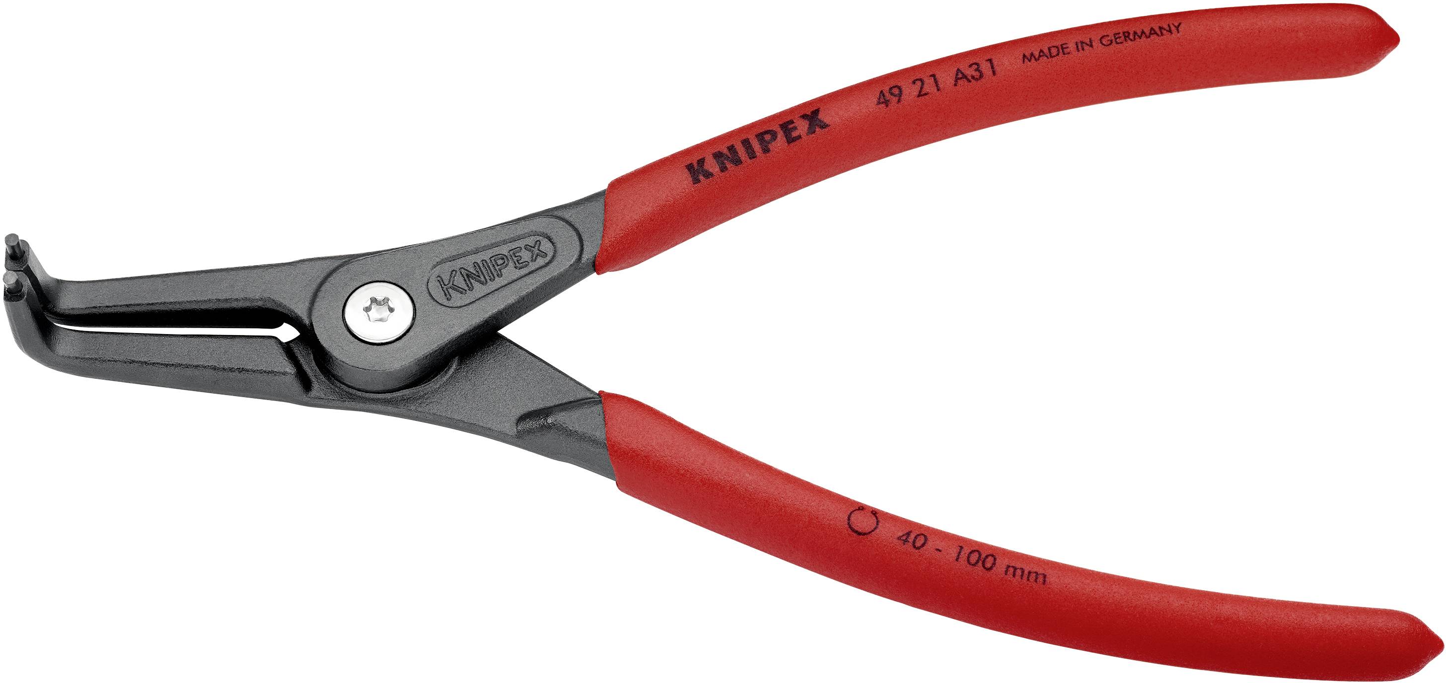 Červené kleště s černým úchopovým mechanismem, nápis 'Knipex 49 21 A31 Made in Germany', rozsah sevření od 40 do 100 mm.