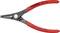 Červené kleště Knipex, model 49 11 A1, s černou střední částí, vhodné pro vnitřní pojistné kroužky o průměru 10 až 25 mm, vyrobené v Německu.