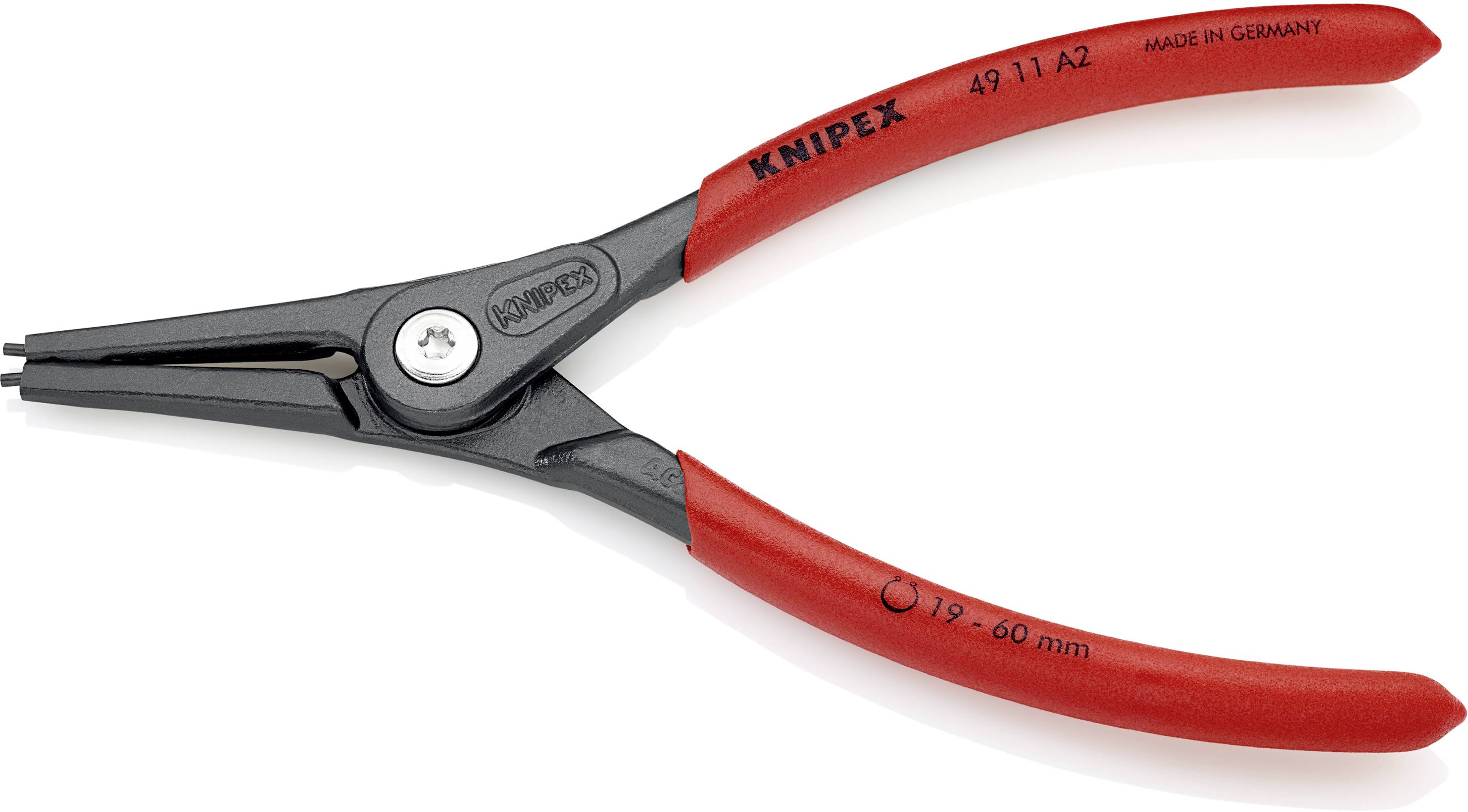 Červené klešťové kleště Knipex na pojistné kroužky s ohnutou hlavou, vhodné pro kroužky o průměru 19-60 mm. Nápis '49 11 A2 MADE IN GERMANY'.