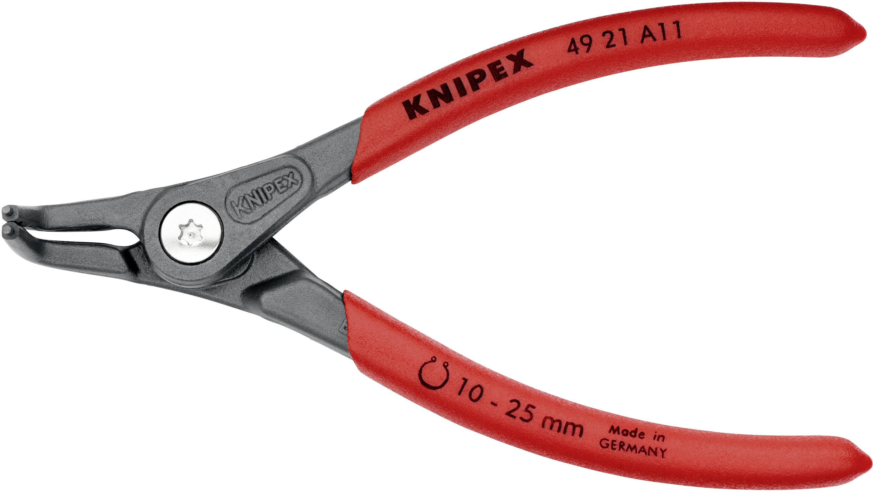 Kleště KNIPEX 49 21 A11 na pojistné kroužky, červené rukojeti, vhodné pro vnitřní kroužky o velikosti 10-25 mm, vyrobené v Německu.