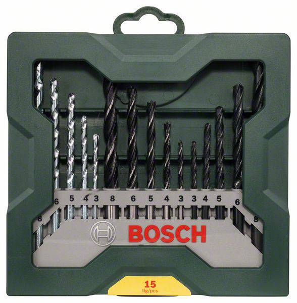 Sada vrtáků 'Bosch' s 15 kusy v zeleném kufříku, různé velikosti, vhodné pro kov, dřevo a kámen.