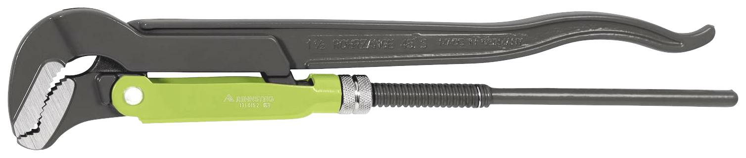 Instalatérské kleště se zelenou rukojetí a ozubenými čelistmi, vhodné prouchopení a otáčení trubek nebo kulatých předmětů.