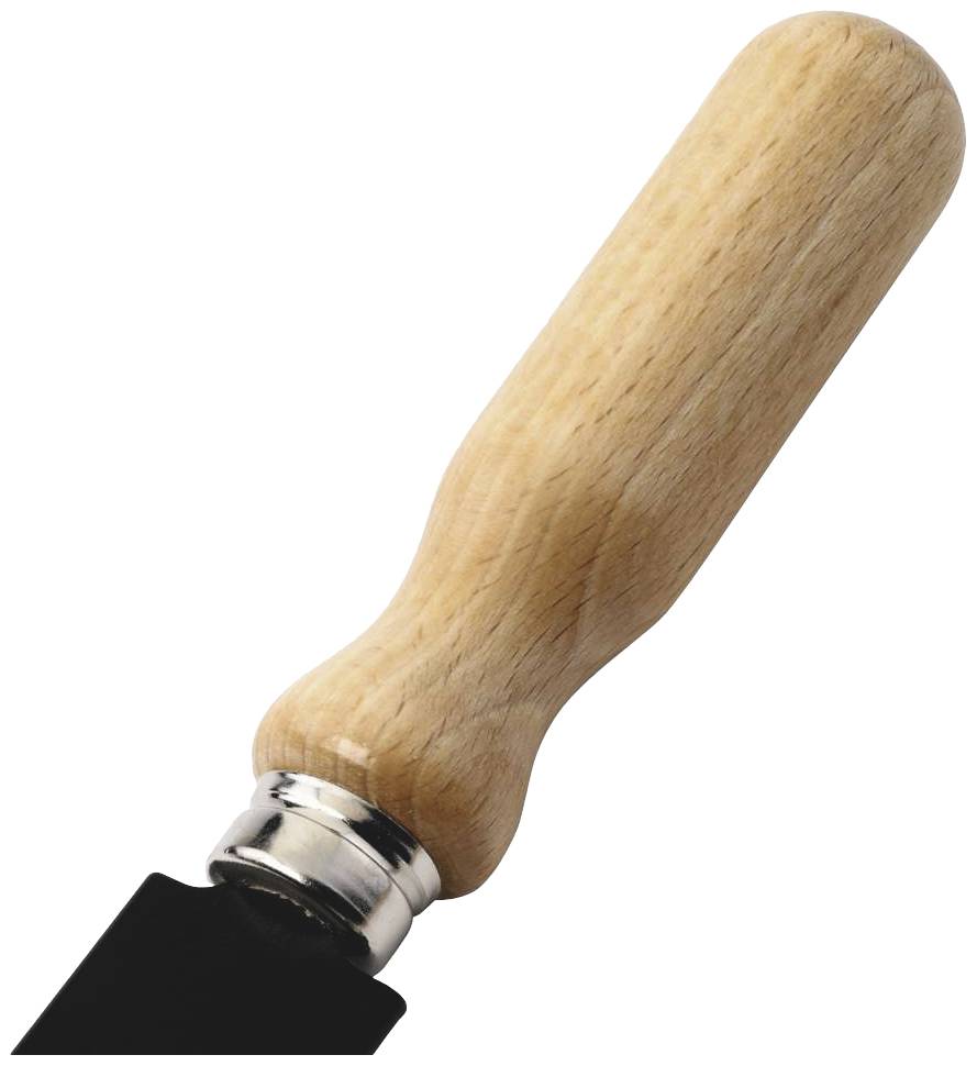 Dřevěná rukojeť nástroje, hladká a ergonomicky tvarovaná, s stříbrným kroužkem pro upevnění.
