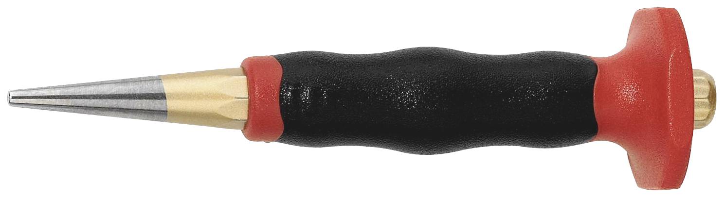Černý a červený rýsovací fix s vroubkovanou rukojetí a ostrou kovovým hrotem, používaný k označování materiálů před vrtáním.