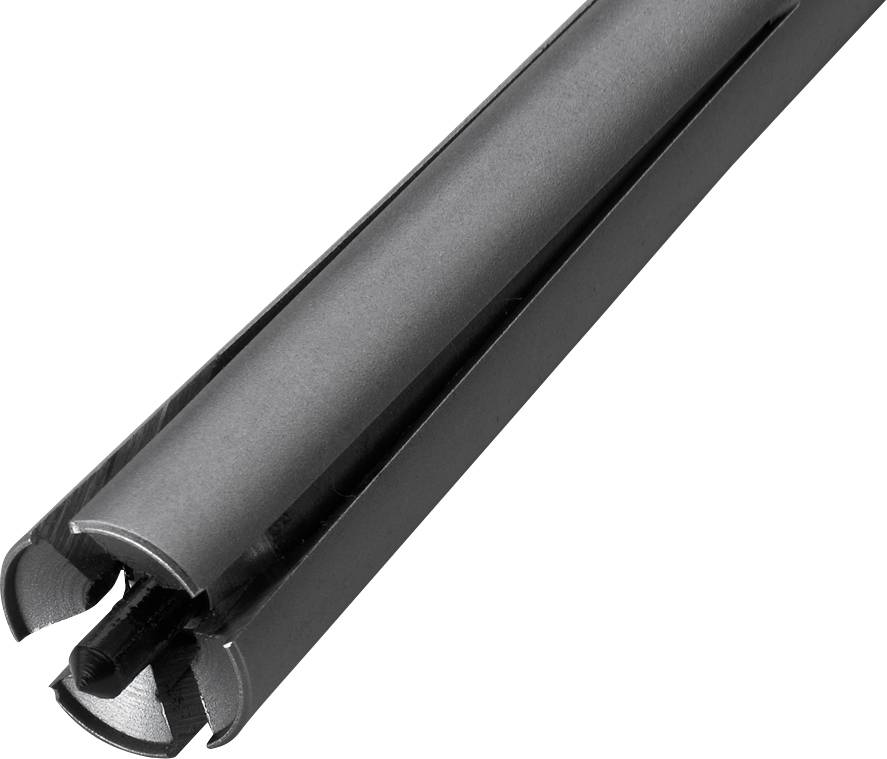 Černý válcovitý nástroj, pravděpodobně řezací nebo vrtací nástroj se spirálovitými řeznými hranami, zobrazený v detailním záběru.