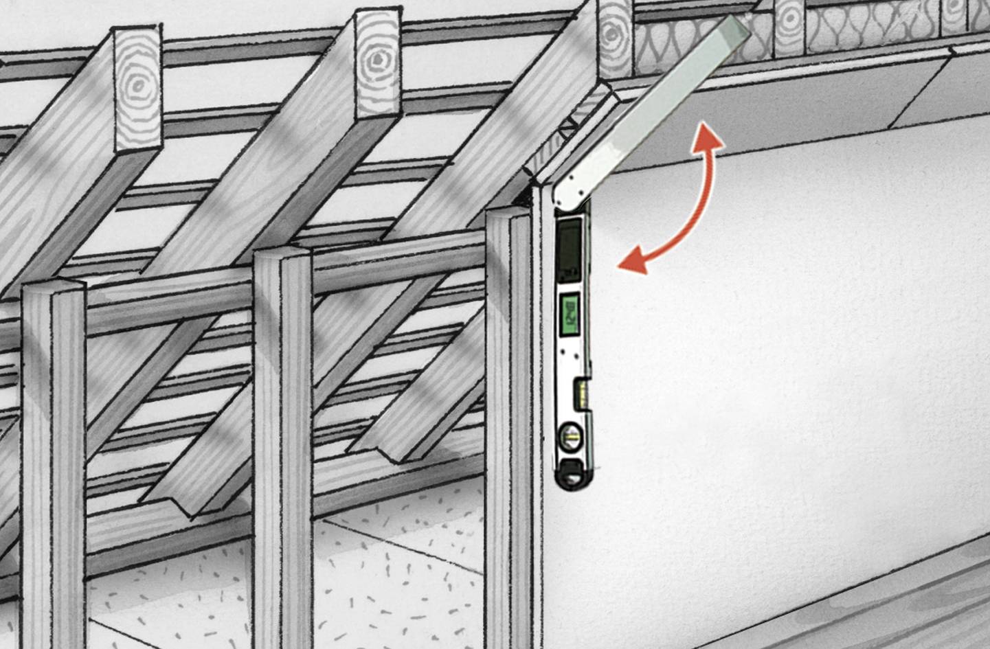 Ilustrace digitálního úhloměru používaného k měření úhlu mezi střešním trámem a stěnou.