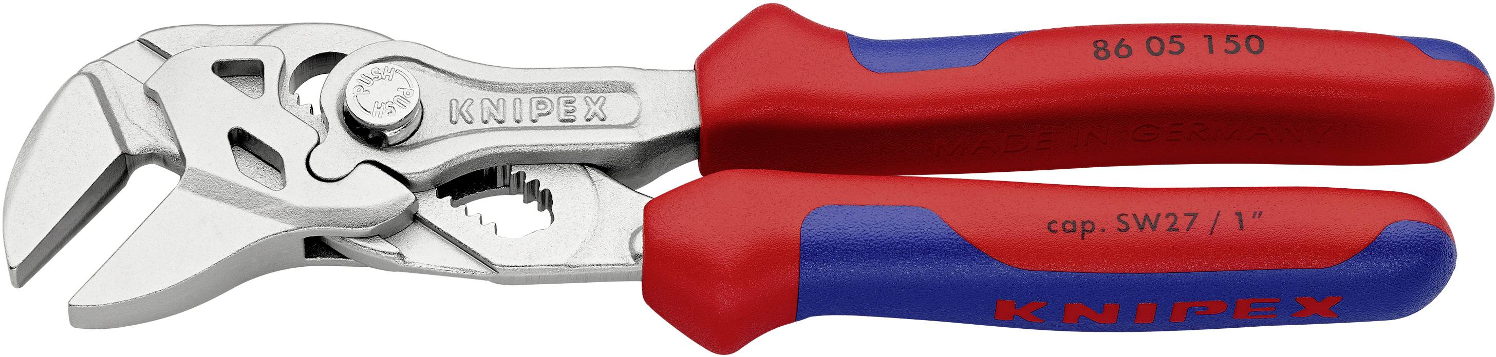 Kombinované kleště značky 'Knipex' s červenými a modrými rukojeťmi, vyrobené z kovu a vhodné pro různé práce.