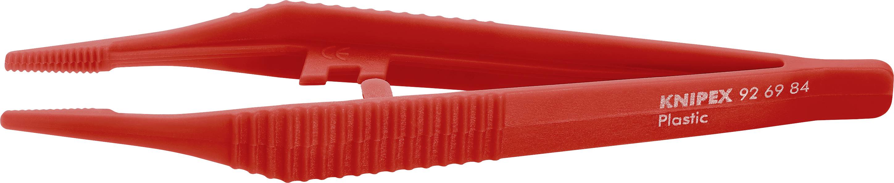 Červená plastová pinzeta s vroubkovanou rukojetí a nápisem 'KNIPEX 92 68 84 Plastic' na boku.