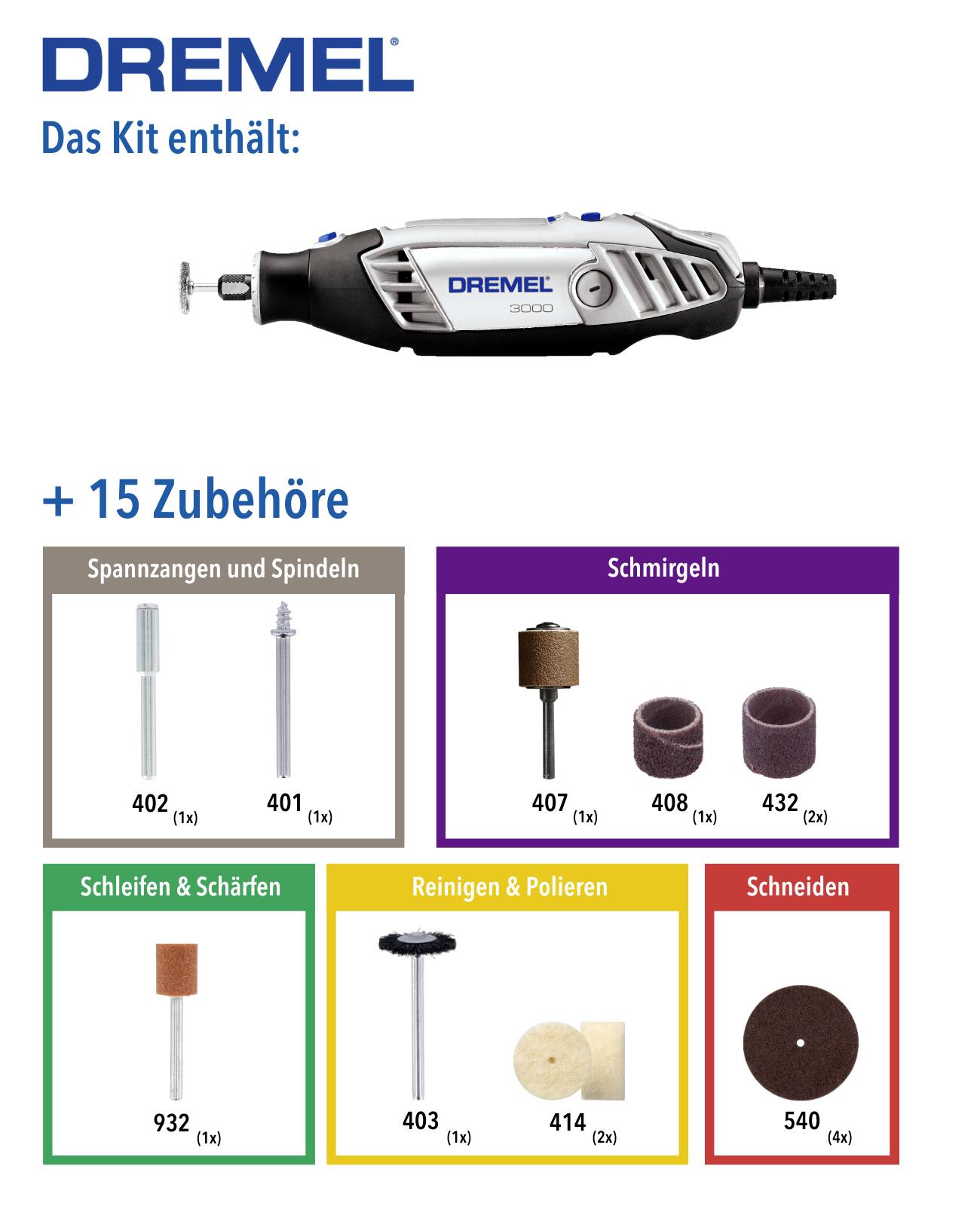 Dremel 3000 Multifunkční nástroj se 15 příslušenstvími: upínací kleštiny, brusné a řezací nástavce. Vhodný pro broušení, leštění a řezání.