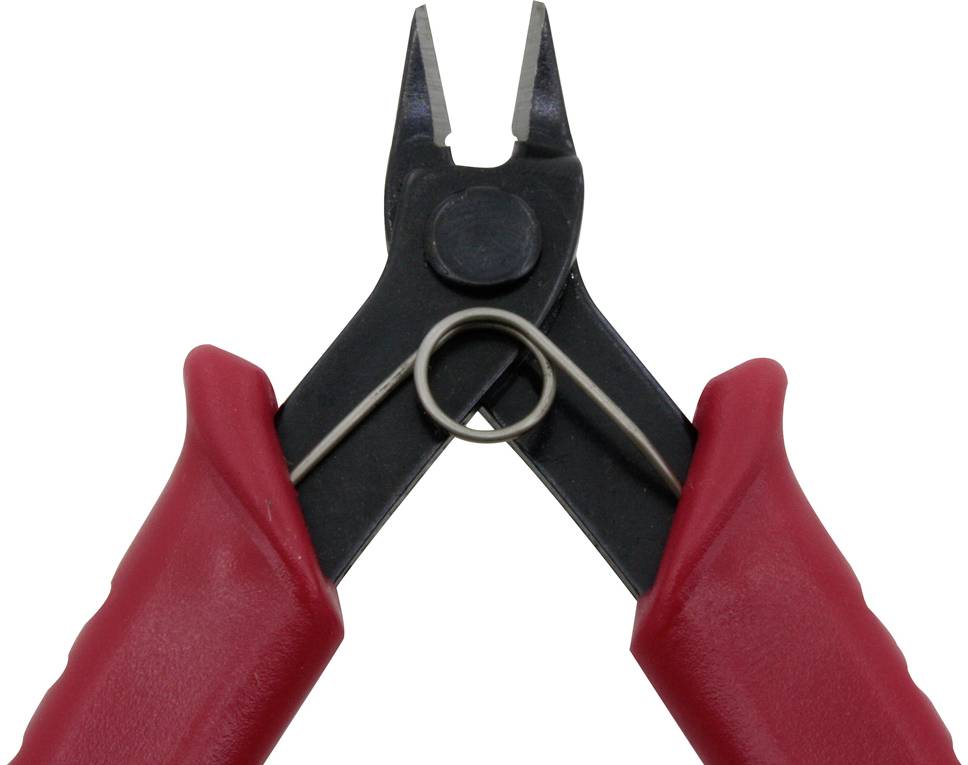 Červené kleště s ostrými středicími čelistmi. Často se používají pro stříhání drátů nebo ruční práce.