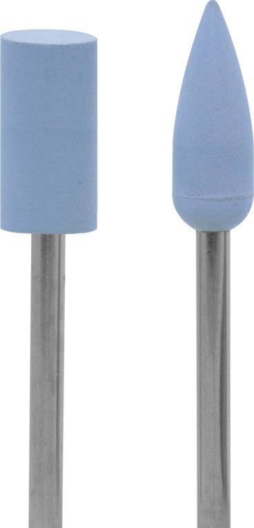 Dva modré brusné nástavce se stříbrnými stopkami: vlevo válcovitého tvaru, vpravo kónické, na bílém pozadí.