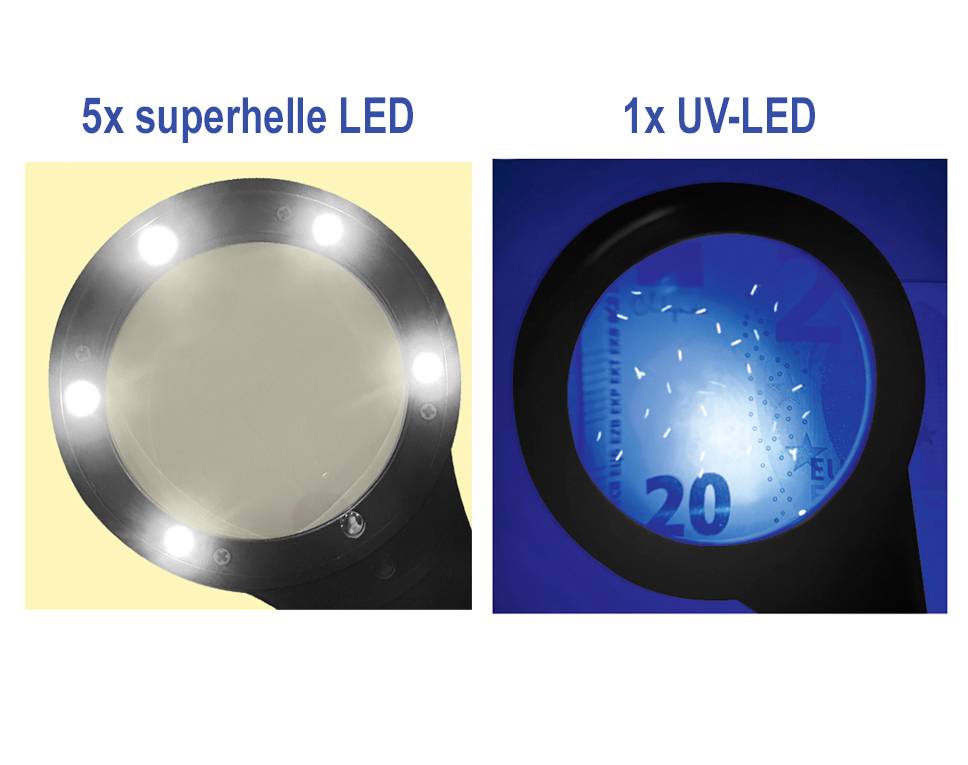 Dva obrázky: Vlevo lupa s pěti mimořádně jasnými LED diodami, vpravo lupa s UV LED, která ukazuje detaily na dvacetieurovské bankovce.