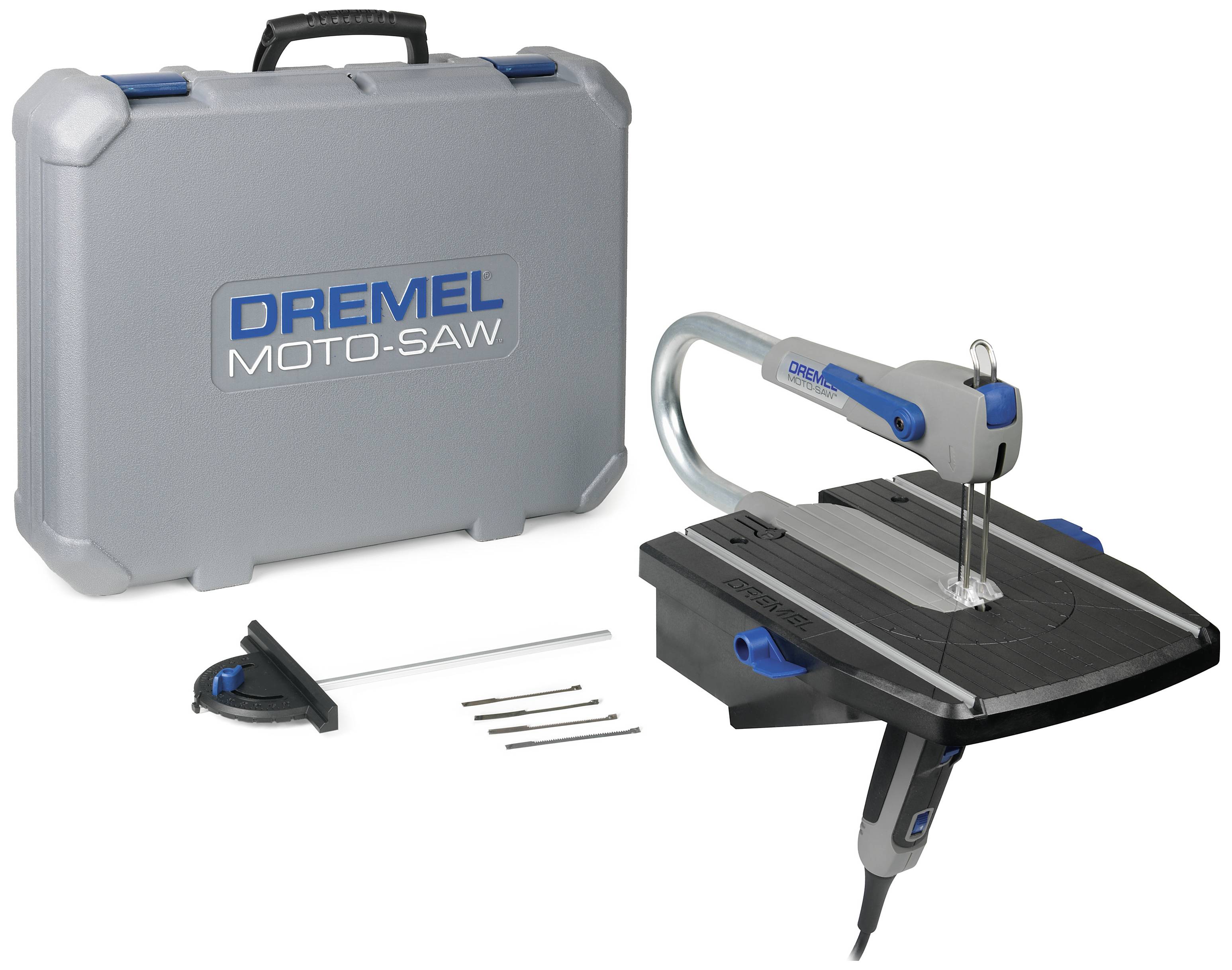 Dremel Moto-Saw s kufříkem, pilovými listy a vodicí lištou. Přenosná lupínková pila pro přesné řezy, ideální pro kutilské projekty.