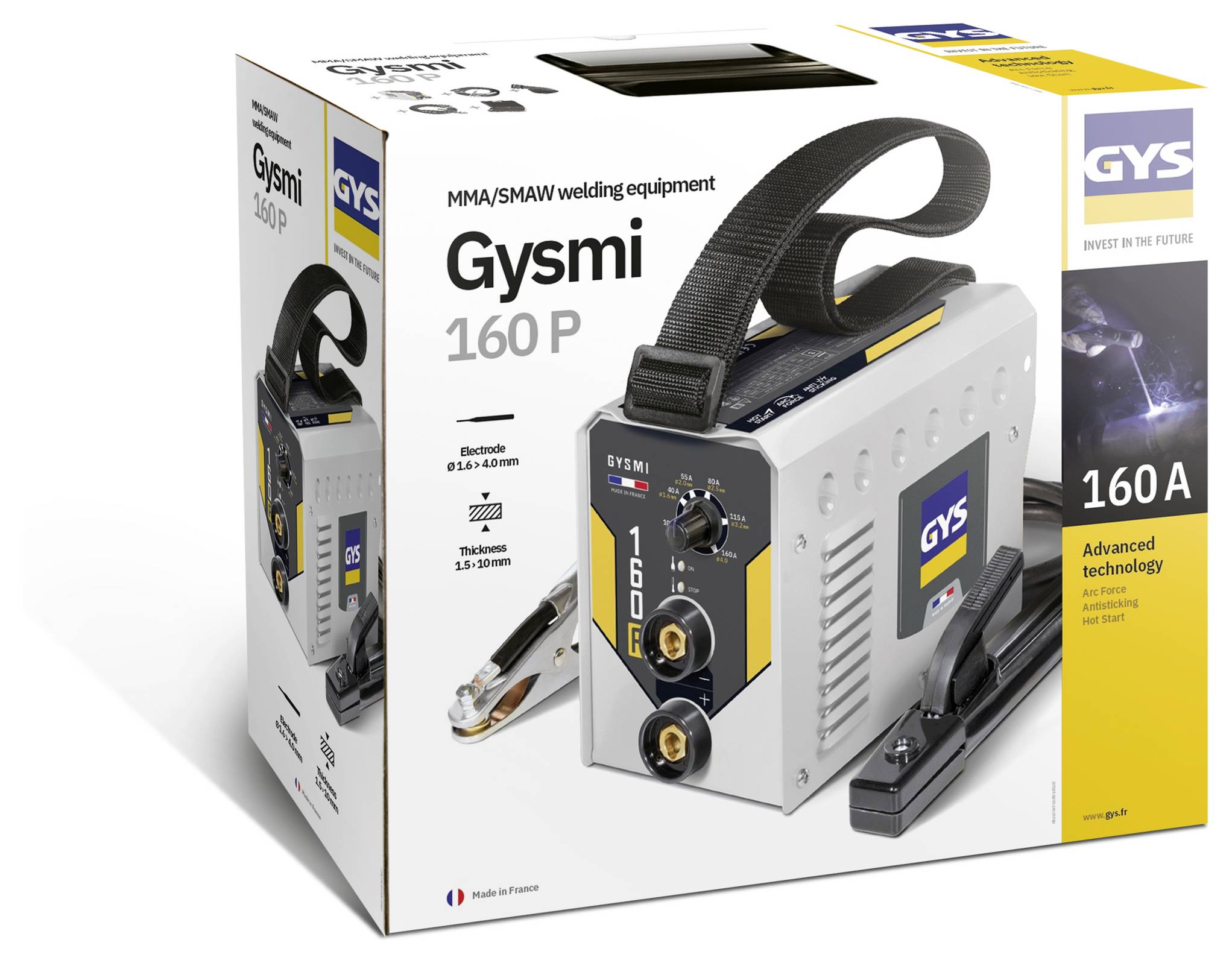 Balení pro svařovací zařízení GYS Gysmi 160P MMA/SMAW s obrázkem přenosného svářeče s kabely a svorkami na krabici.