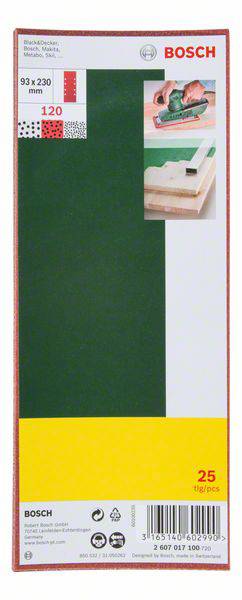 Balení brusných listů Bosch, 93 x 230 mm, zrnitost 120, s obrázkem brusky v akci, 25 kusů.