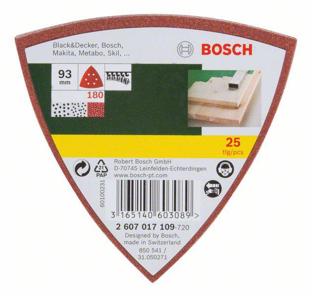 Sada náhradních brusných kotoučů o průměru 93 mm pro nástroje Bosch. Obsahuje 25 kusů s hrubostí zrna 180, vyrobeno ve Švýcarsku.
