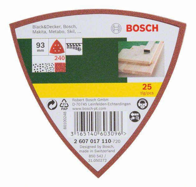 Barevný, trojúhelníkový obal brusného papíru od Bosche. Obsahuje 25 kusů, zrnitost 240, rozměry 93 mm, kompatibilní s různými značkami.