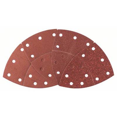 Několik půlkruhových brusných kotoučů s otvory uspořádanými vějířovitě. Jsou určeny pro použití s excentrickou bruskou.