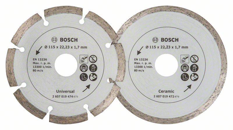 Dvě řezné kotouče Bosch, jeden pro 'Universal', druhý pro 'Ceramic', potištěné rozměry a specifikacemi.