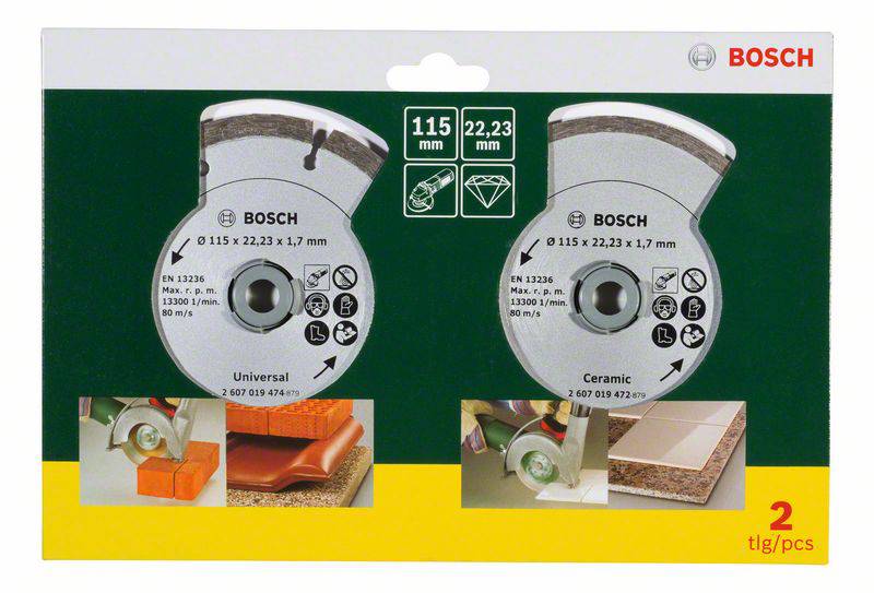 'Sada diamantových řezných kotoučů Bosch, 2 kusy: Universální a keramické pilové kotouče, průměr 115 mm, vhodné pro dlaždice a kameny.'