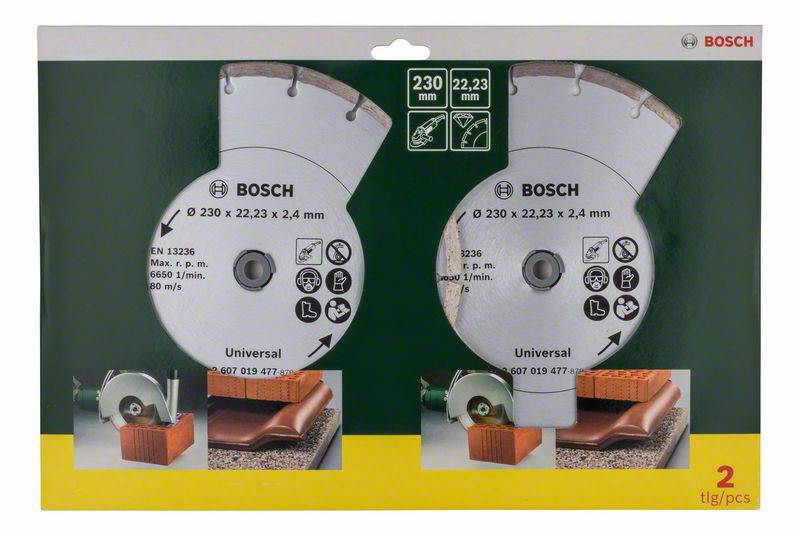 Balení se dvěma pilovými listy Bosch Universal, průměr 230 mm, pro řezací práce v zdivu a kameni.