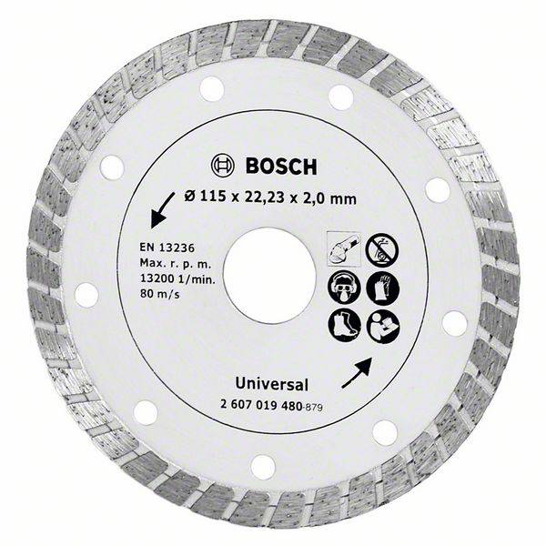 Brusný kotouč se stříbrným okrajem a bílým středem. Nápis: 'Bosch, 115 x 22,23 x 2,0 mm, EN 13236, Max. 13200 ot/min, 80 m/s, Univerzální'.
