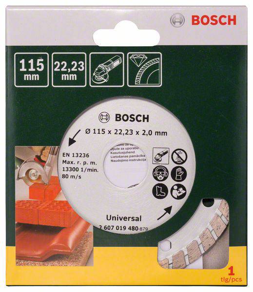 Brusný kotouč značky Bosch, průměr 115 mm, tloušťka 2 mm, pro univerzální použití. Obal zobrazuje aplikace a bezpečnostní symboly.