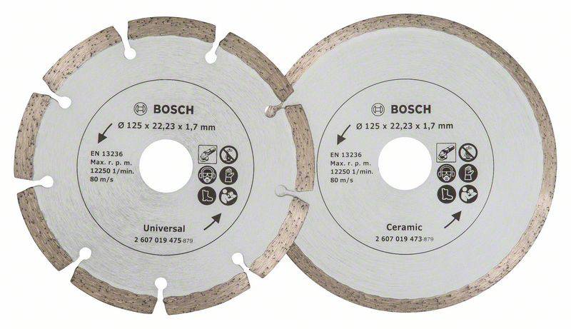 Dva kulaté pilové kotouče: vlevo „Universal" a vpravo „Ceramic", každý potištěný logem značky, technickými specifikacemi a piktogramy.