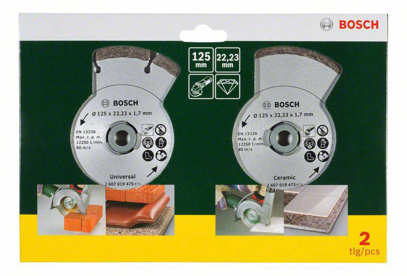 Řezné kotouče Bosch pro univerzální a keramické materiály; průměr 125 mm; balení po 2 kusech; vhodné pro řezání dlaždic a cihel.