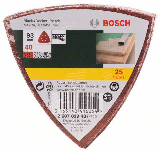 Sada brusných papírů Bosch, velikost 93 mm, 25 kusů, vhodná pro značky jako Black&Decker a Makita, s obrázkem brusného projektu.
