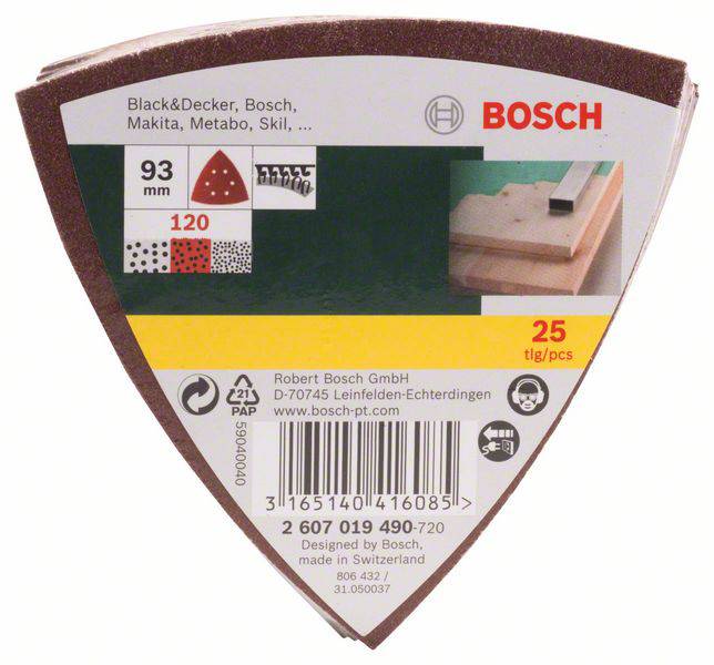 Balení brusného papíru s logem Bosch, '93 mm, zrnitost 120', 25 kusů. Určeno pro použití na dřevo. Obsahuje firemní informace.