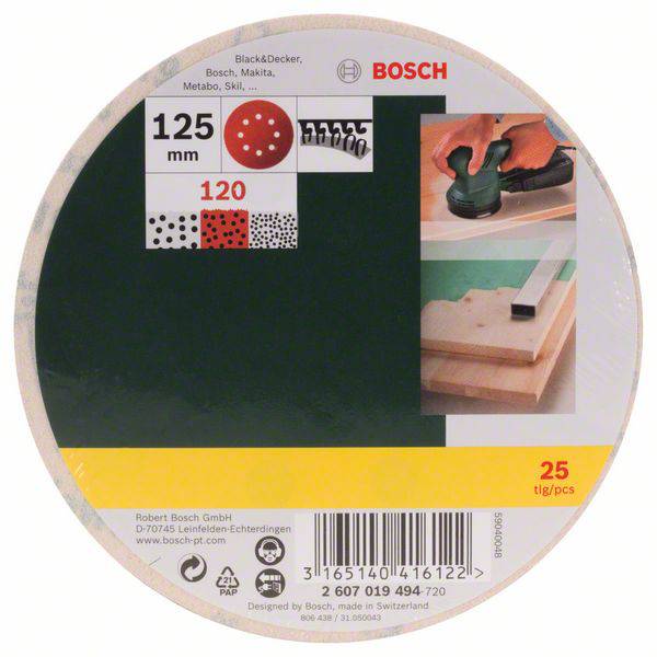 Brusný papír Bosch, sada 25 kusů, 125 mm, zrnitost 120. Kompatibilní s různými značkami. Obsahuje obrázek brusného zařízení a dřeva.